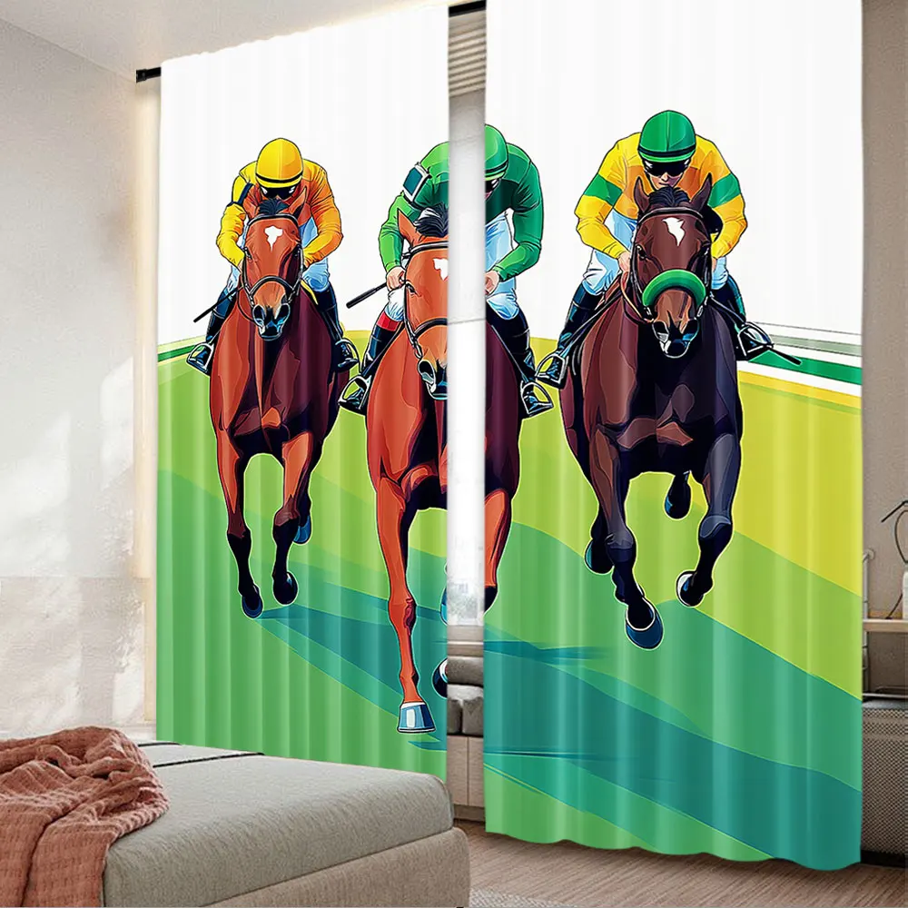 2Pcs Horse Curtain Vibrant Colorful Competitive Scene With Jockeys Racing Horses Equine For Bedroom Living Room And Dining Room