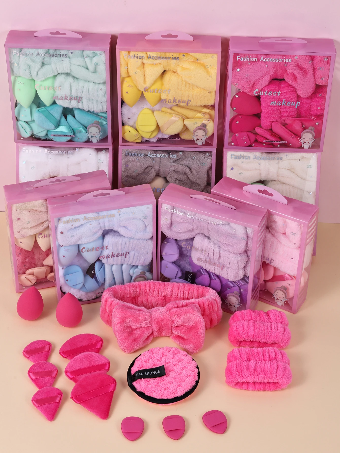 Set de 15 Accesorios para el Cabello y Rostro para Mujer, Diadema con Lazo, Pulseras, Esponjas de Maquillaje y Borlas para Polvo, Kit de Belleza, Regalos Ideales