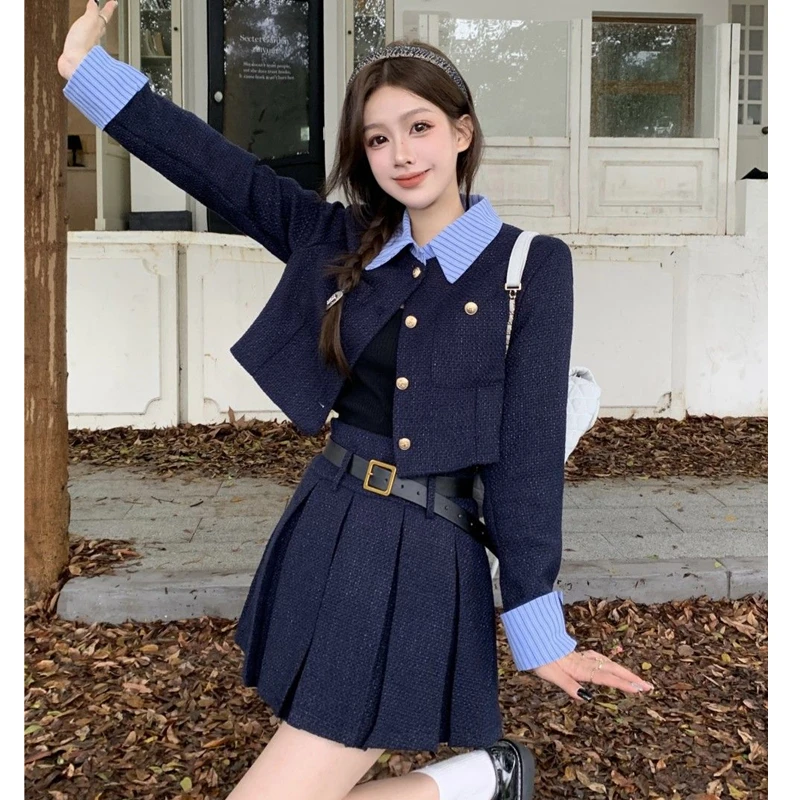 Women Spring Autumn Preppy Blazers Mini skirt Two Piece Set Korean Lady Patchwork Short Jackets Pleated Dress Outfit Blue Suit