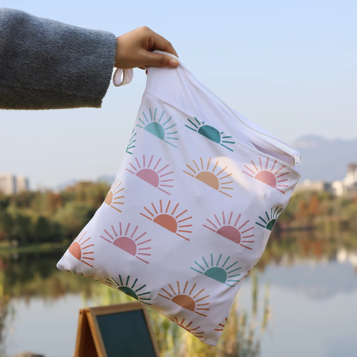 Bolsa de pañales impermeable Elinfant de 30x40cm, bolsillos dobles con cremalleras, bolsa de almacenamiento portátil, bolsa seca y húmeda reutilizable