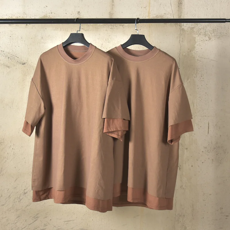 

High Street темный стиль многослойный вид негабаритная искусственная двухсекционная футболка мужские повседневные футболки мужские удобные футболки топы