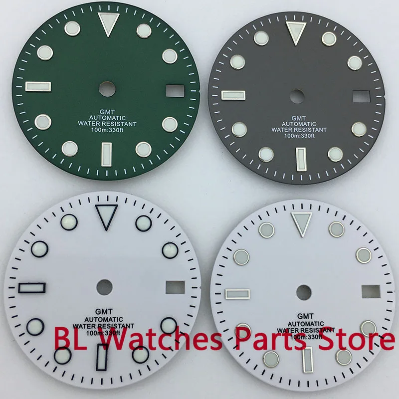 BLIGER Watch Parts 29mm White Dial Black Silver Gold Edge Time Mark Green Luminous Fit NH34 GMT Movements 3 O\'clock Date Funtion