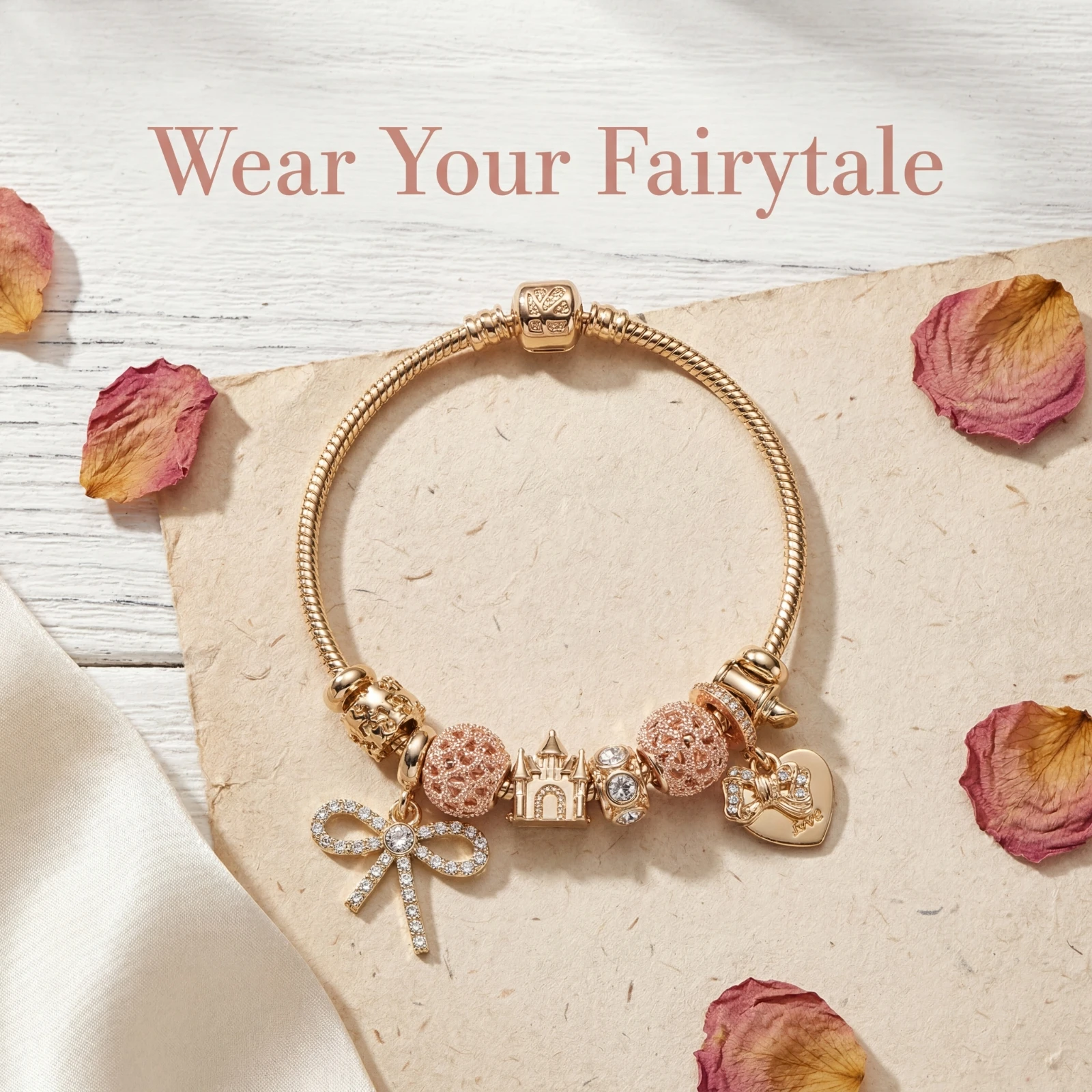 

Golden Adjustable Bracelet with Synthetic Zircon Castle & Bow Charms for Women Princess Jewelry Gift