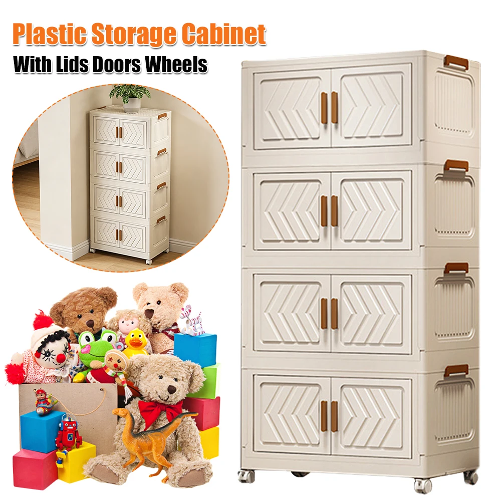 

4-уровневый складной пластиковый шкаф для хранения, пластиковые контейнеры для хранения с дверцами и колесиками, штабелируемый органайзер для гардероба