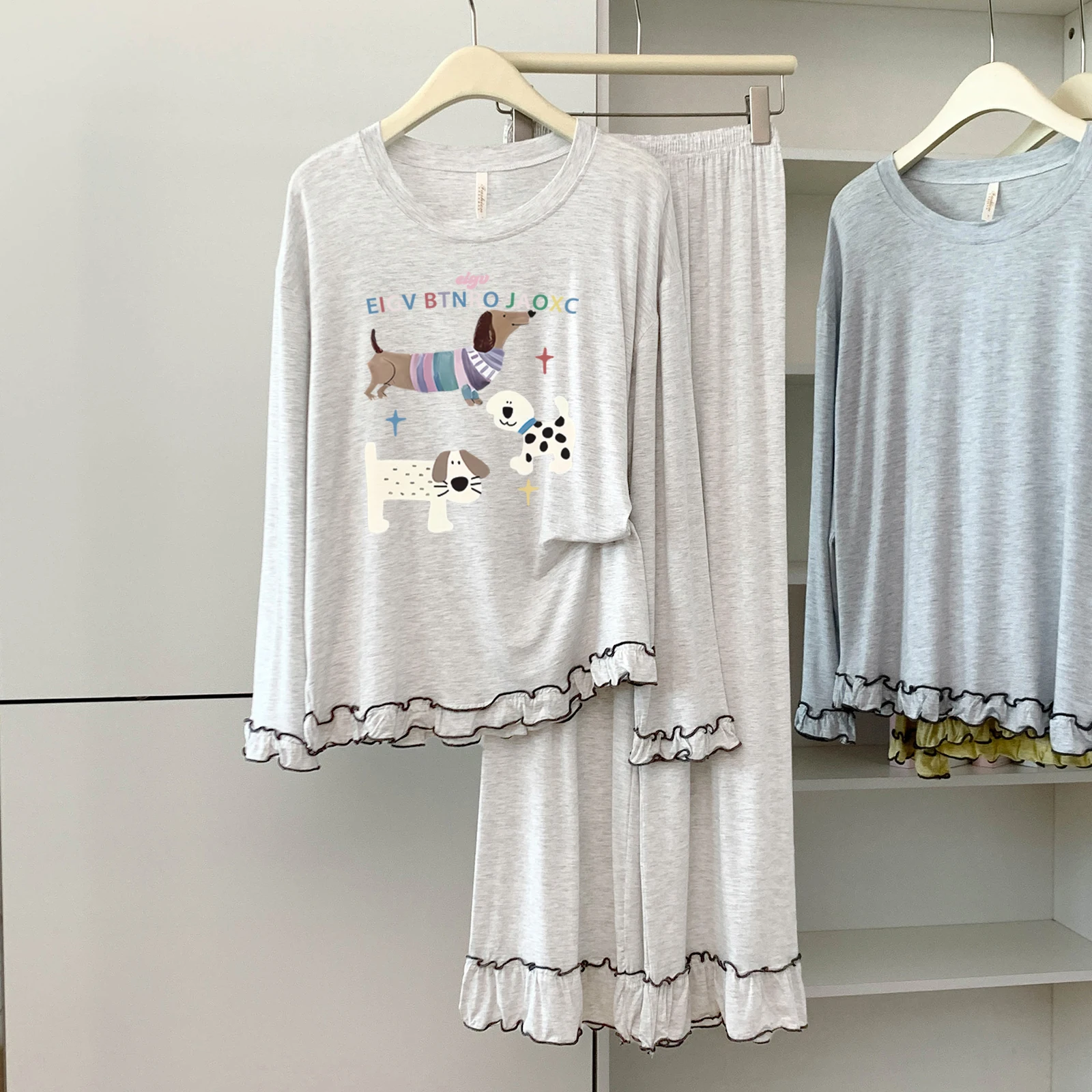 

5174-29 модальные хлопковые пижамы с круглым вырезом и длинными рукавами для женщин, весенне-осенние тонкие свободные мягкие удобные домашние одежды