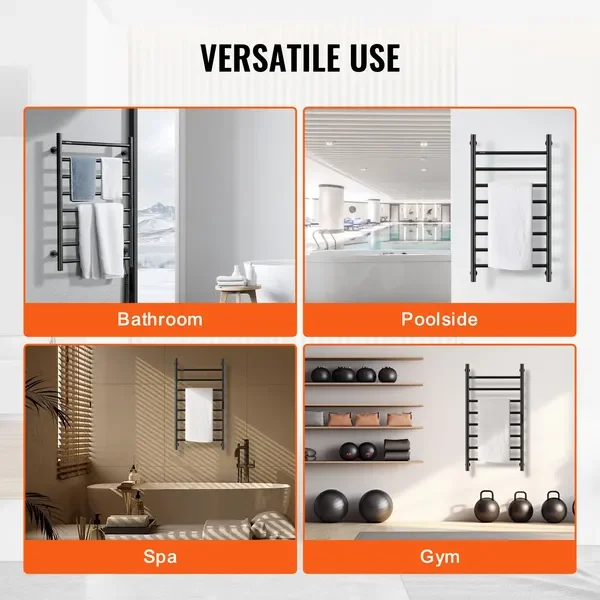 Porte-serviettes chauffant mural à 8 barres, pour salle de bain, noir