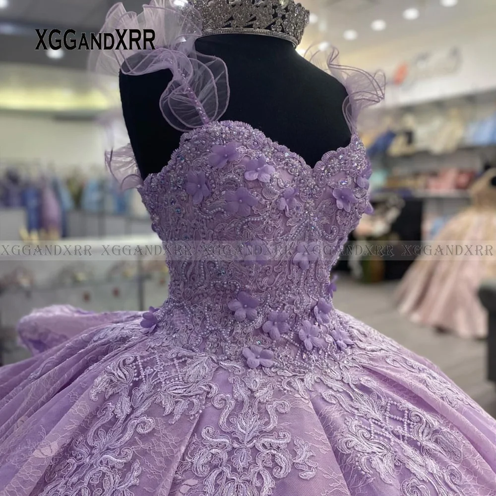 Lavender Quinceanera Dress 2022 Sweet 16 Ruffle Layers Train Birthday Prom Party Gown Lace Applique Flower Beaded Graduation 7th