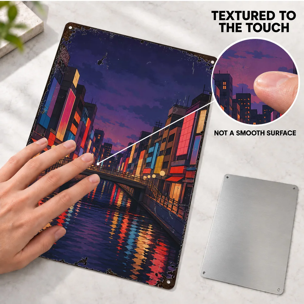 Anime City Canal At Dusk Textured Metal Poster Customized Aluminum Sign Vivid Neon Digital Illustration Wall Art For Hallway