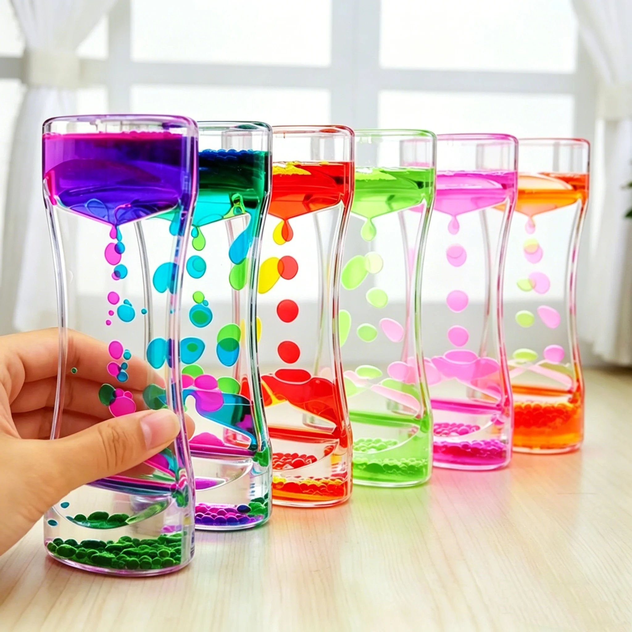 Bi-Color Liquid Oil Leak Hourglass Timer Acrylic Waist Oil Droplet Stress Relief Dynamic Desktop Handicraft Decor Creative Gifts