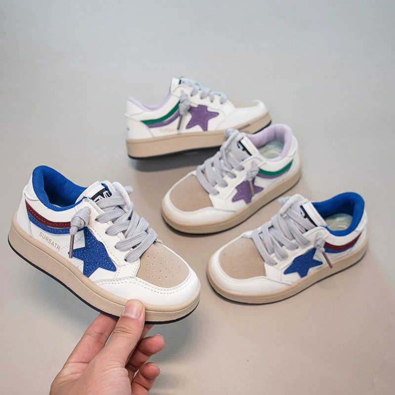 Kids Star Patchwork Skate Shoes with Suede & Leather Upper, Elastic Laces, Non-slip Rubber Sole Casual Sneakers