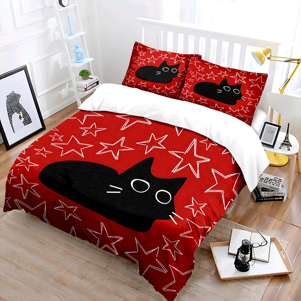 Black cat red background stars Pattern Duvet Cover Set Digital Print Polyester Bedding with Zipper Closur for kids gifts