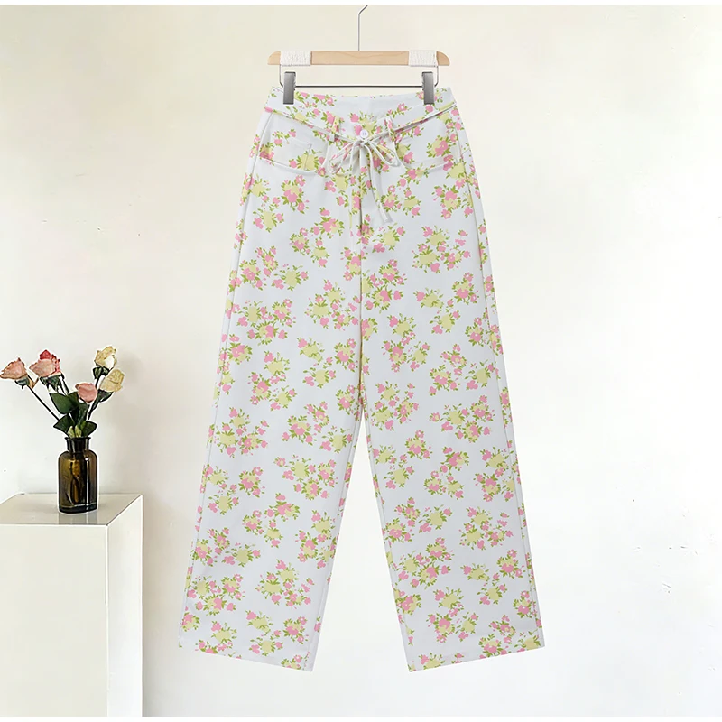 Blumendruck-Hosenset für Damen ​ Ärmelloses Crop-Top mit passender hochtaillierter Hose mit weitem Bein, 2-teiliges Set ​ Frühlingsoutfit für Damen – Detail 6
