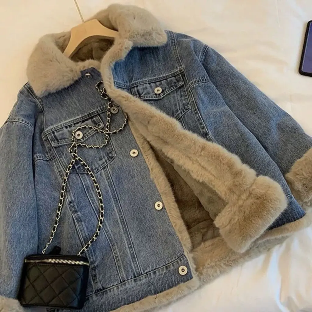 

Women's Retro Lamb Wool Denim Coat Casual Loose Fleece-Lined Thickened Jacket for Autumn Winter Furry BF Style