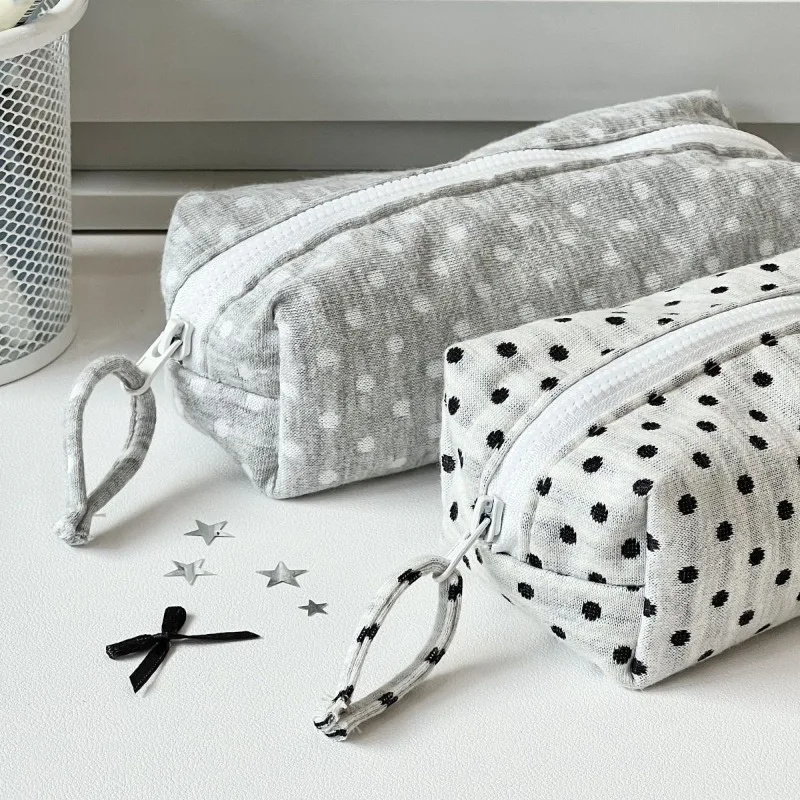 Travel Makeup Bag for Women Cosmetic Case High Capacity Student Pencil Case Pouch with Korean Style Minimalist Polka Dot Design