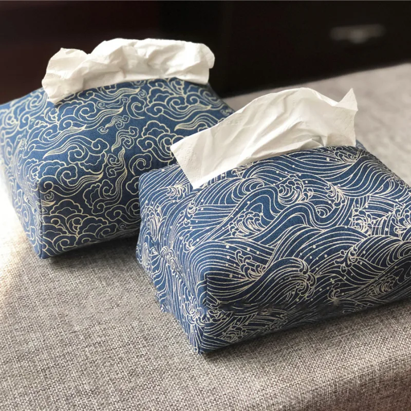 Japanese Style Colth Tissue Box Case Vintage Print Facial Tissue Cover Holder Handmade Desktop Decoration Storage Bag