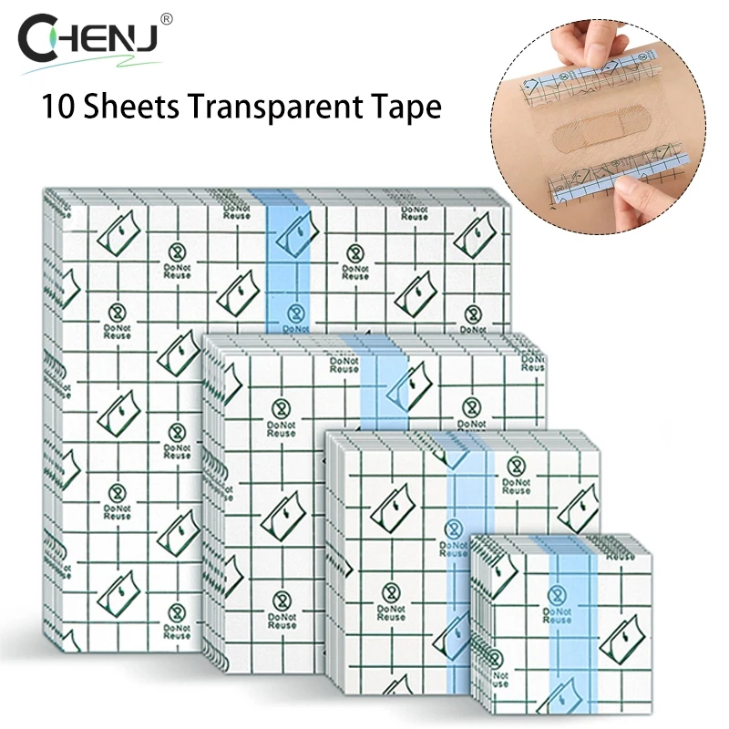 10Sheets Waterproof Transparent Tape PU Film Medical Adhesive Plaster Anti-allergic Wound Dressing Tape First Aid Kit Band Aids