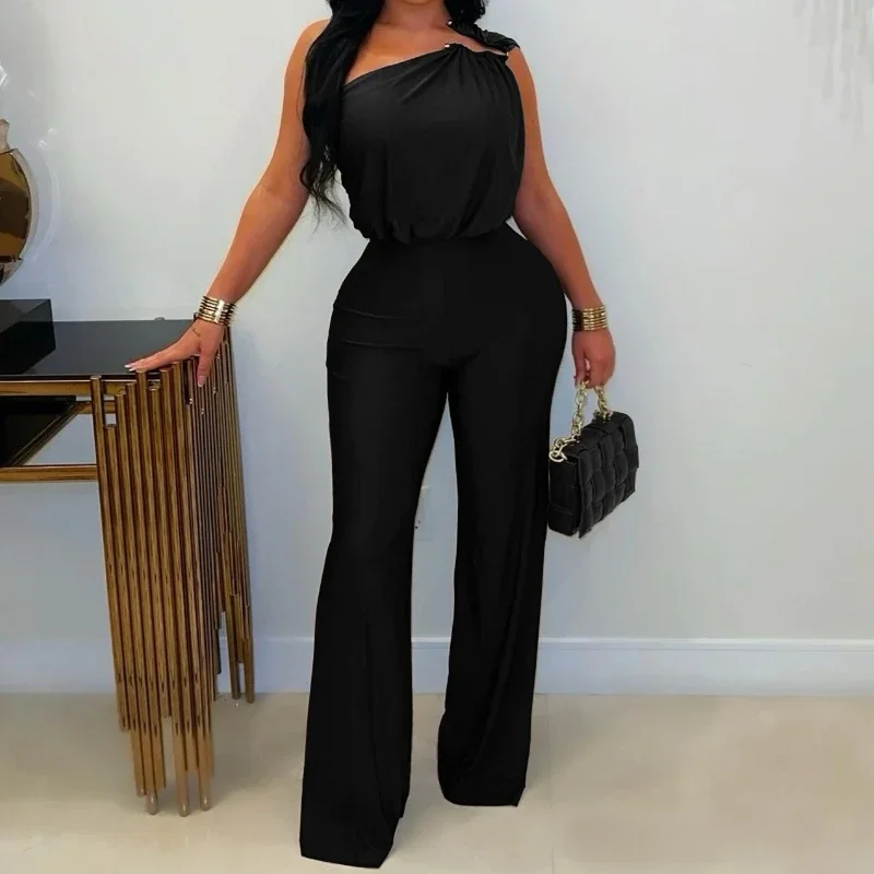 

Women's One Shoulder Romper Elegant Sleeveless High Waist Club Party Wide Legs One Piece Jumpsuit Female Streetwear Overalls