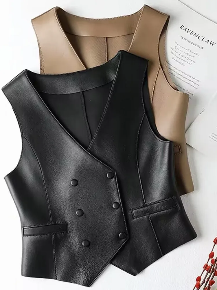 

Women Sheepskin V-neck Waistcoat Femme Vintage Black Genuine Leather Vest Mujer Classic Top Quality 2023 Suit Ropas