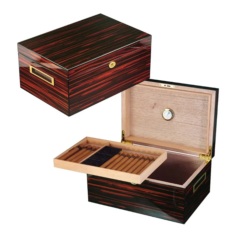 Large Capacity 100 High Gloss Wooden Desktop Cigar Humidor Display Box with Humidifier and Hygrometer