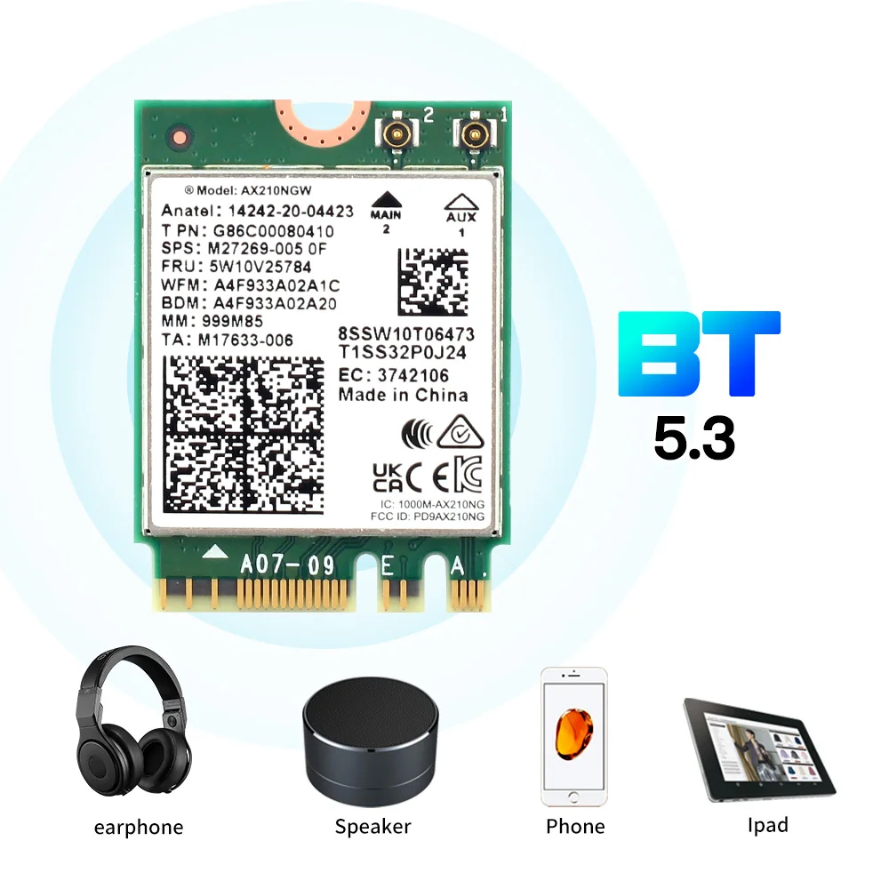 Wi-Fi 6E Intel AX210 PCIe Không Dây Wifi 802.11ax Bluetooth 5.2 Trí Băng Tần 2.4G/5G/6ghz AX210NGW Mạng Wlan Thẻ