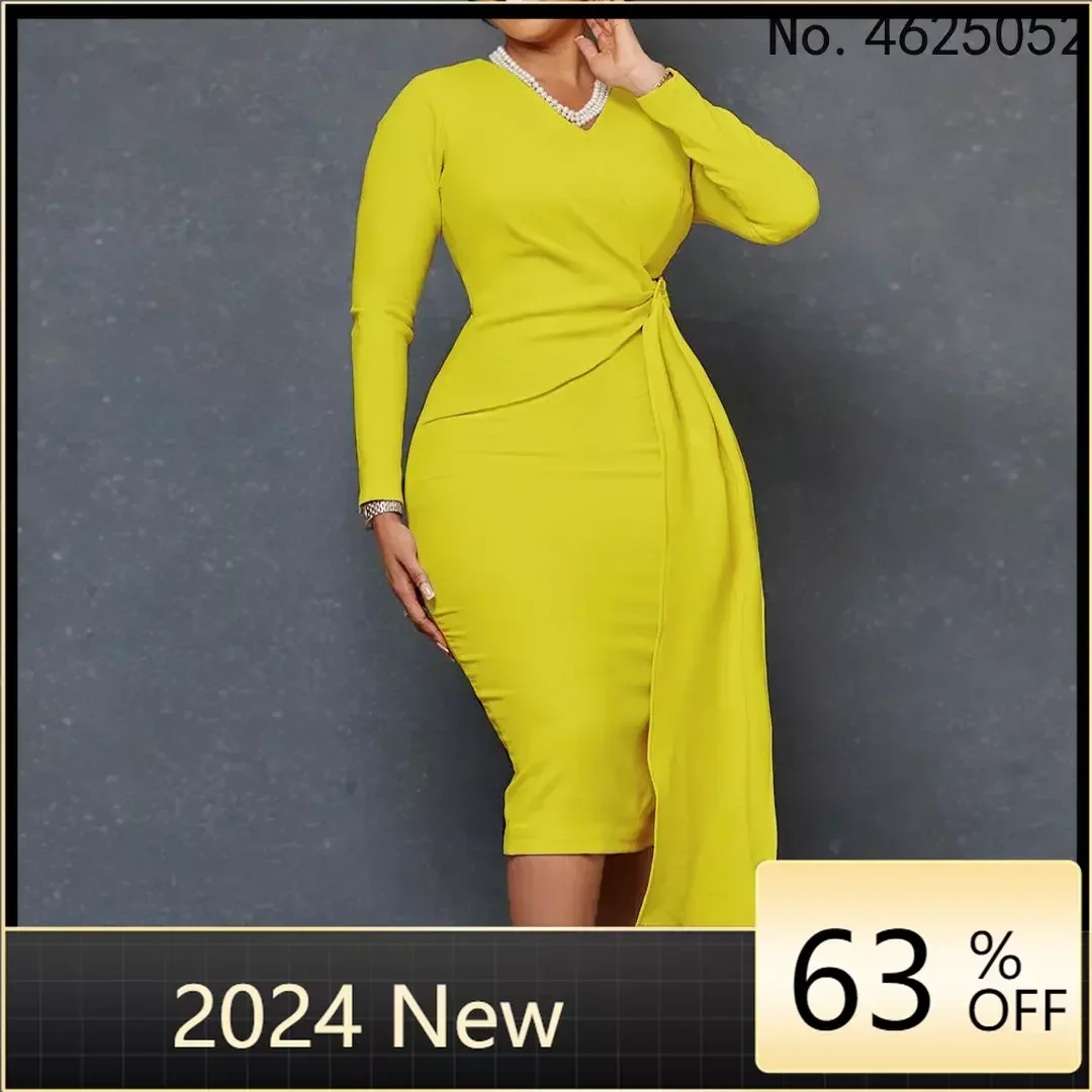 

2023 Spring Autumn African Women Long Sleeve V-neck Polyester Orange Yellow Beige Knee-length Dress African Dresses for Women