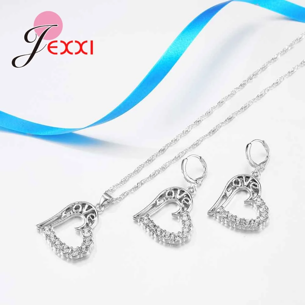 Hollow Love Letters Design Heart Chain Necklace Earrings 925 Sterling Silver Color Paved Micro Rhinestone Fashion Jewelry Sets