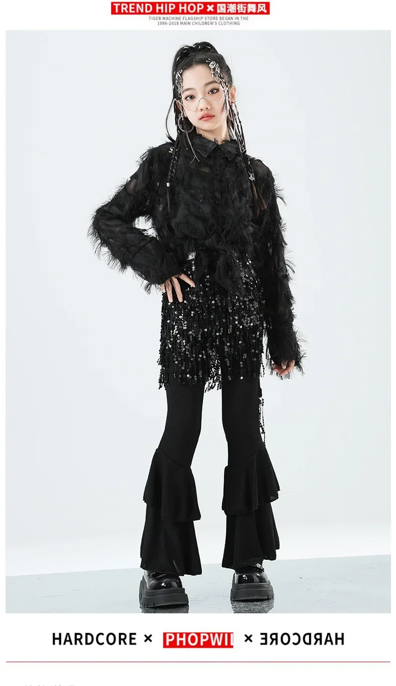 Mädchen Western-Style Performance-Outfit Jazz-Tanzkostüm mit Federn und Strass Glänzende Kinder-Bühnen-Partykleidung – Detail 10
