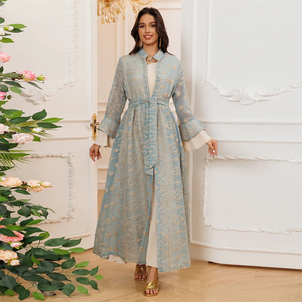 Dubai Flared Sleeve Elegant Long Dress, Embroidered Robe And Cardigan Two-piece Set