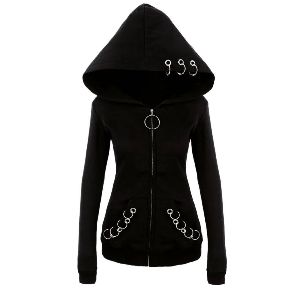 New in Outerwear Women Sweat-shirt Punk Zip Up Hoodie Oversized Long Sleeve Gothic Clothes Iron Ring Hooded Pocket Sweatshirt