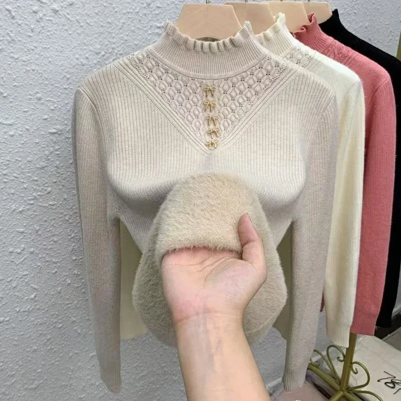 

Vintage Slim Fit Knit Sweater Women Bow Half High Collar Plush Bottoming Pullovers Autumn Winter Long Sleeve Casual Warm Jumpers
