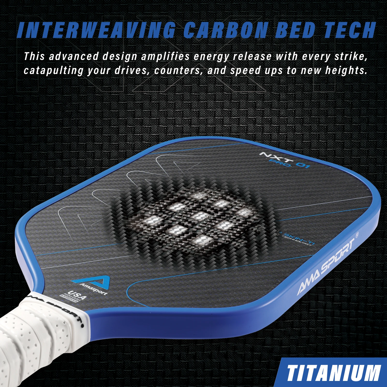 Paleta de Pickleball de carbono y titanio AMA Sport, tecnología de cama de carbono entrelazada, marco con carcasa de carbono con raqueta de grano alto y borde giratorio