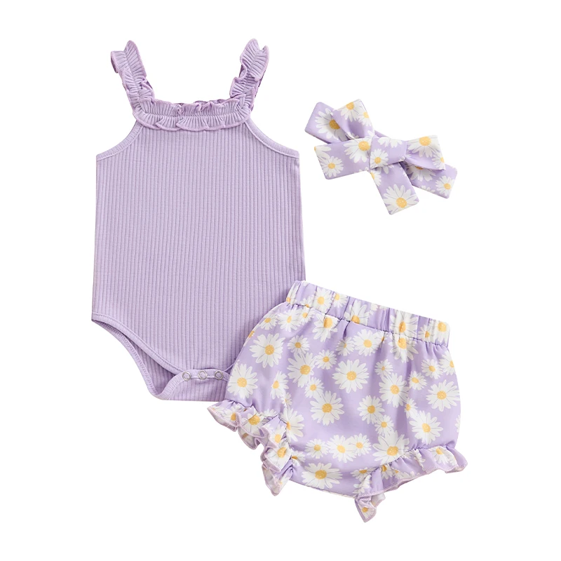 Baby Girls Summer Shorts Sets Solid Color Sleeveless Ribbed Romper Daisy Print Shorts Headband Sets