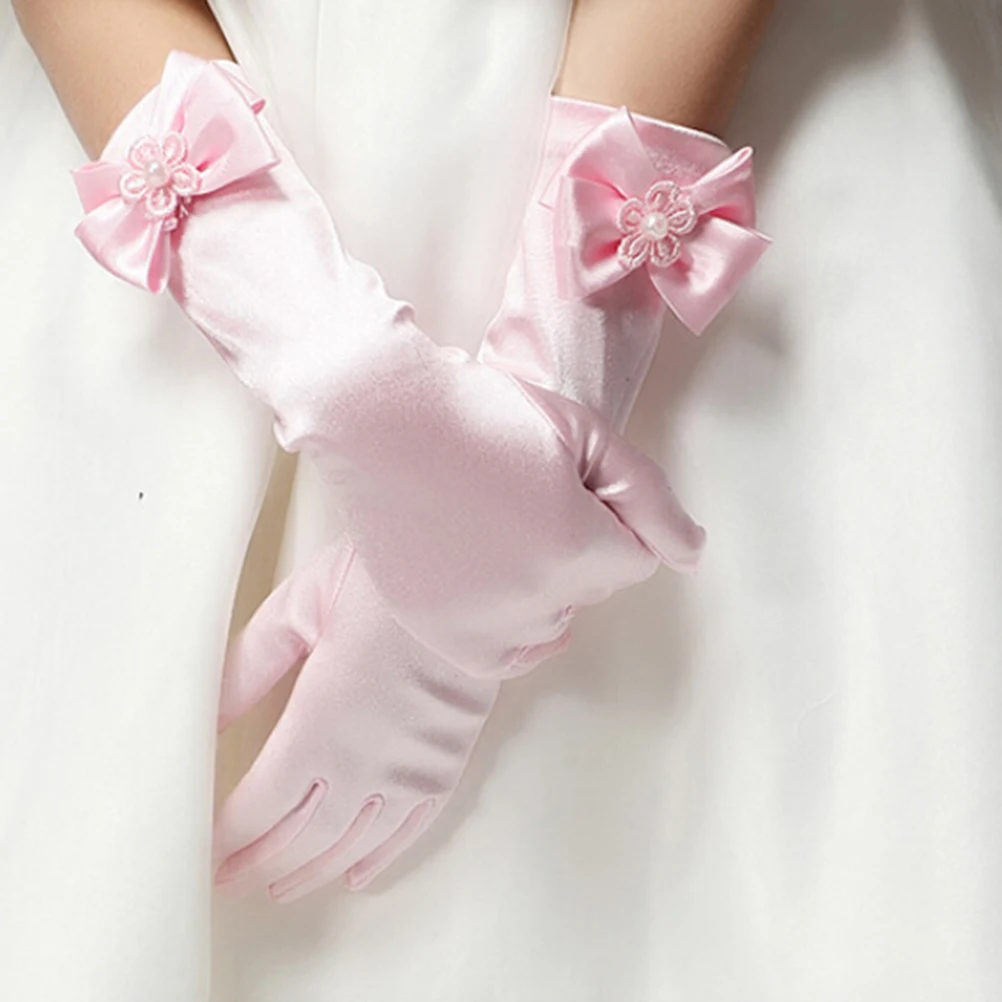قفازات فتاة الزهور قصيرة مع عقدة على شكل فيونكة للأطفال لحفلات الزفاف والكنيسة وعيد الفصح والهالوين وحفلات التخرج والحفلات المسائية والمناسبات الرسمية #2
