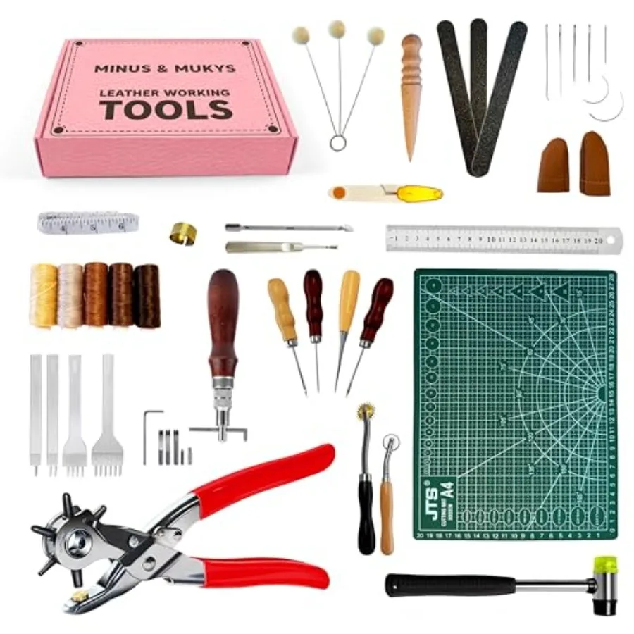 

MINUS MUKYS Leather Working Kit Complete Leather Tools Set for Crafts Shoe Repair Kit Belts Includes Hole Puncher for Crafts Se