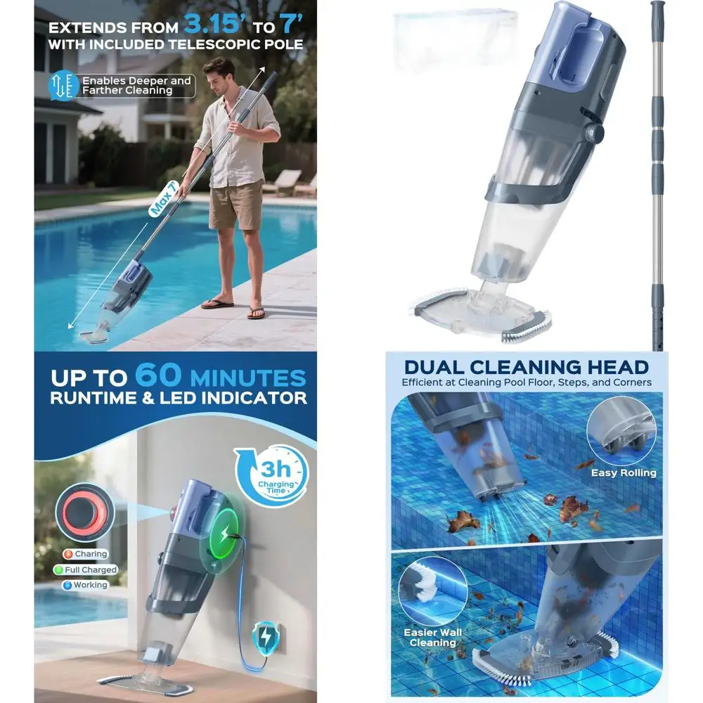 

Ручной пылесос для бассейнов с удлинительной штангой, мощность всасывания 26,5 галлонов в минуту, время работы от аккумулятора 1 час, подходит для наземных и встраиваемых бассейнов, гидромассажных ванн.