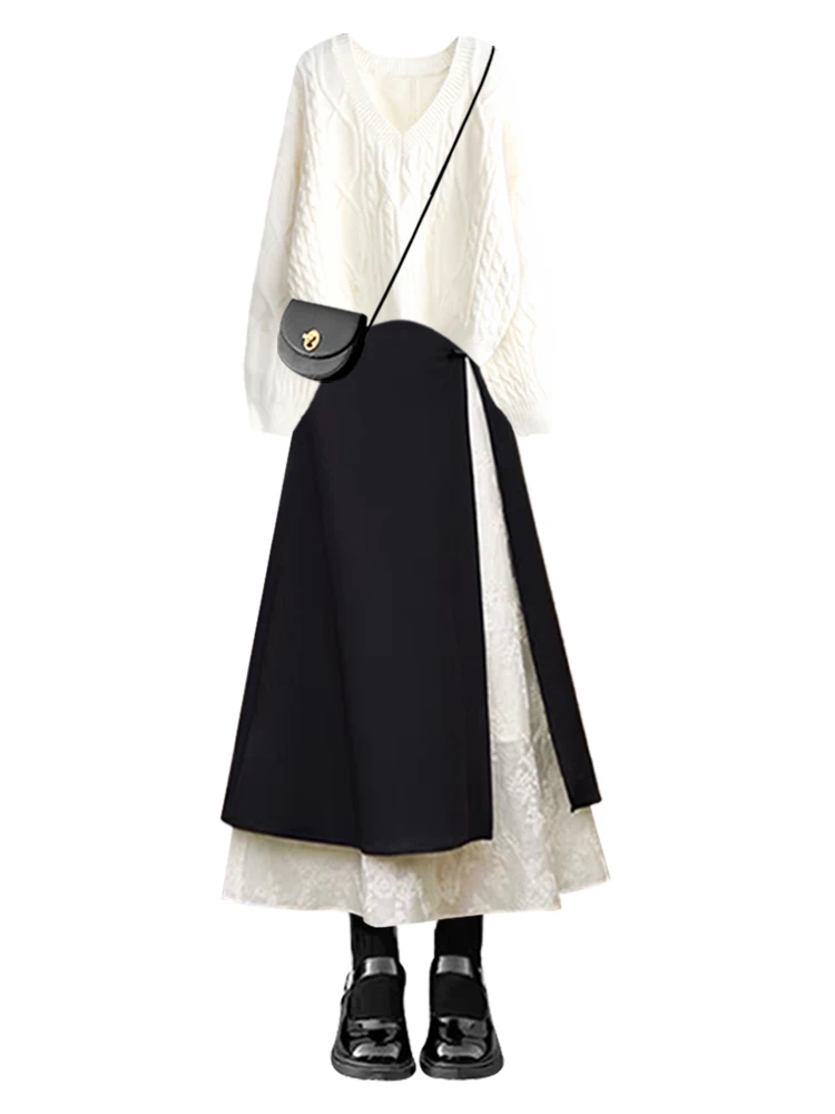 Herbst Winter frauen Gestrickte Pullover Hohe Taille Abnehmen Rock Zwei-Stück Set Faionable Casual Sanfte Sle Winter Sammlung