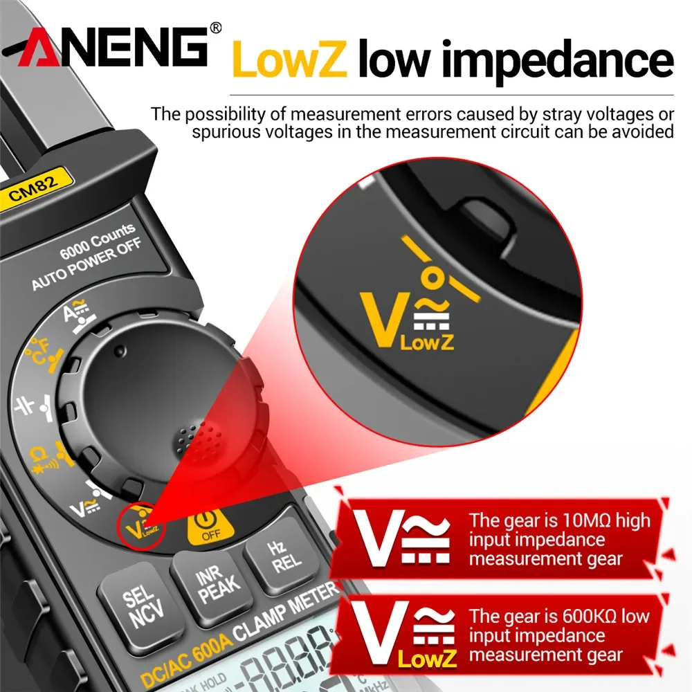 Imagem -05 - Digital Clamp Meter dc Tensão de Corrente ac 6000 Contagens Multímetro Amperímetro Tester Carro Amp hz Capacitância Ncv Ohm Teste Aneng-cm82