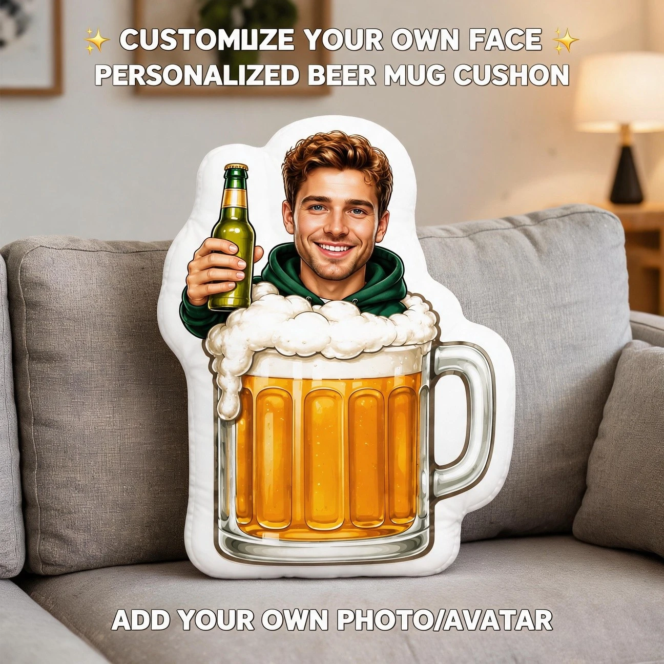 Custom Photo Beer Mug Shaped Pillow, Personalized Face with Green Hoodie Holding Bottle Decorative Cushion, 70cm Home Decor Acce