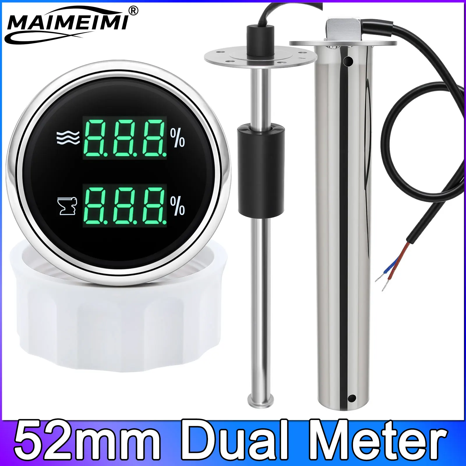 52mm Dual Gauge Water Level Gauge 2 In 1 Sewage Level Meter with Alarm Digital for Fuel Level Sensor  0-190ohm Car Boat Yacht