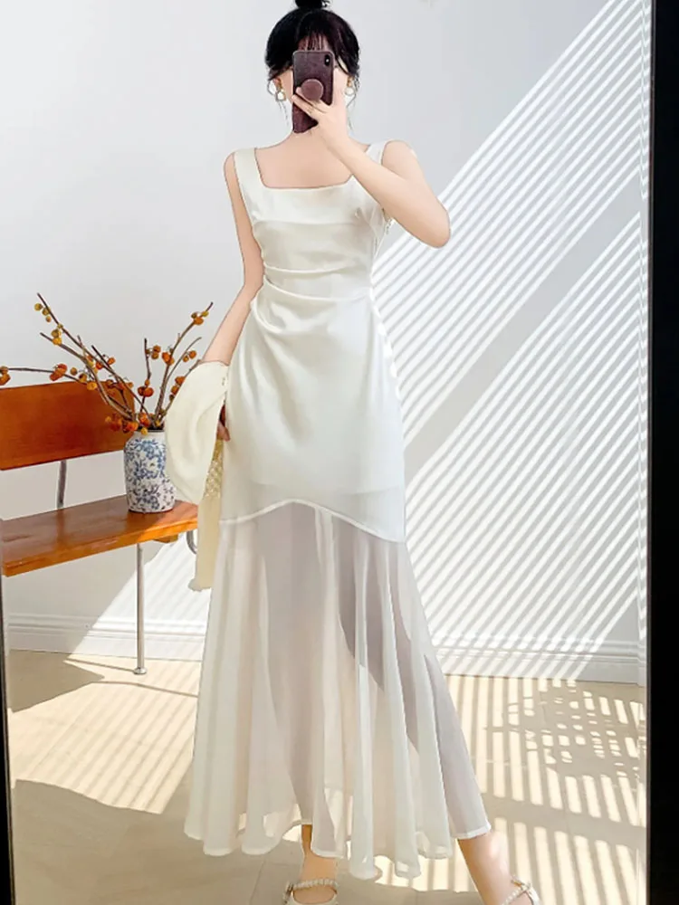 여성 우아한 화이트 새틴 베스트 이브닝 파티 드레스 섹시 루치드 슬림 여성 쉬폰 스플라이싱 러플 머메이드 드레스 2025
