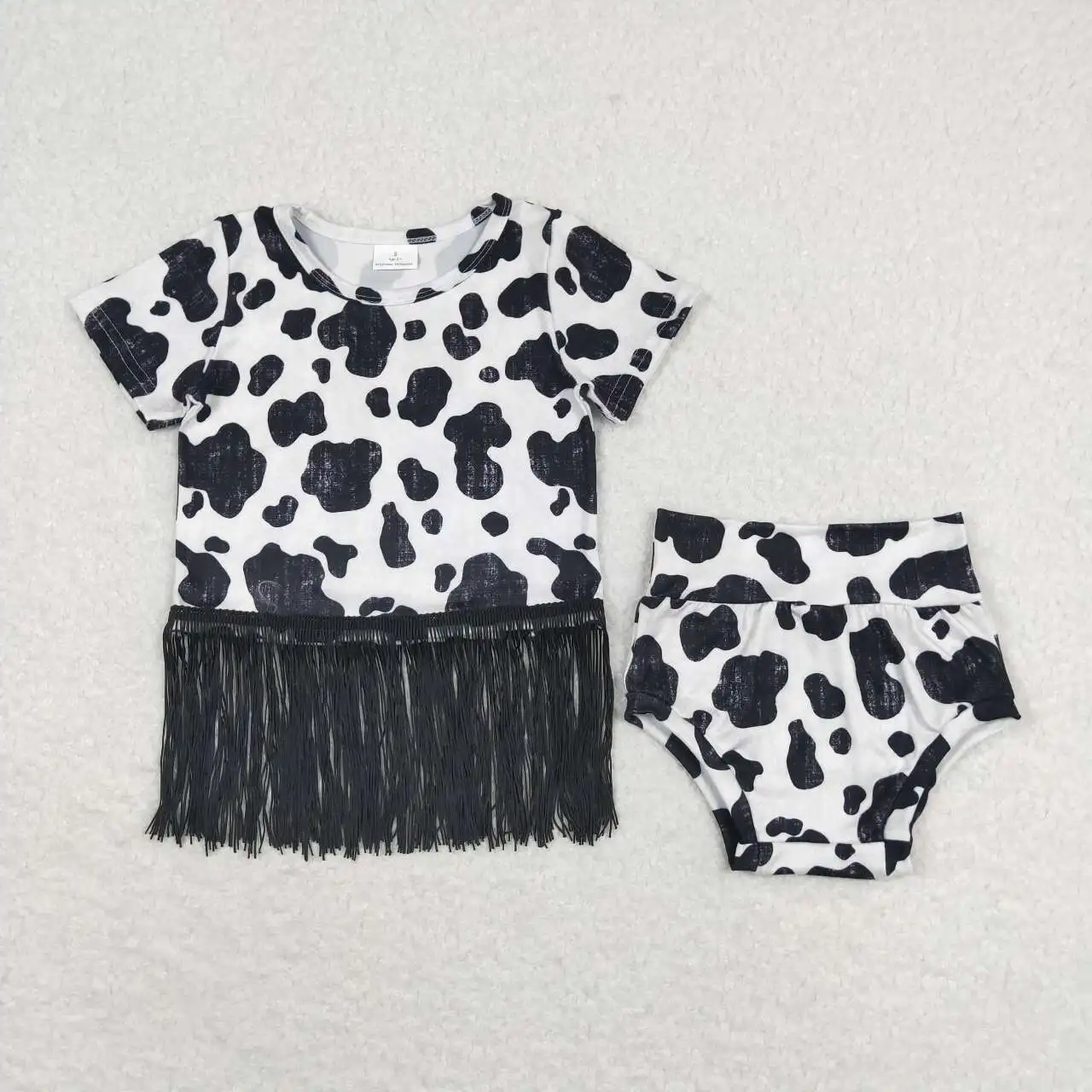 

GBO0273 Children Clothes Short Sleeve Tassel Top With Shorts Bummies Cow Print Set Kids Girls Summer Boutique Outfits