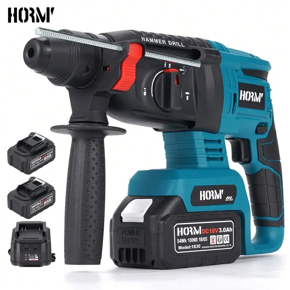 

Hormy 18V Dual Battery HighPower Brushless Electric Hammer Set 3 Function Lithium Battery Impact Drill Wireless Portable Electr