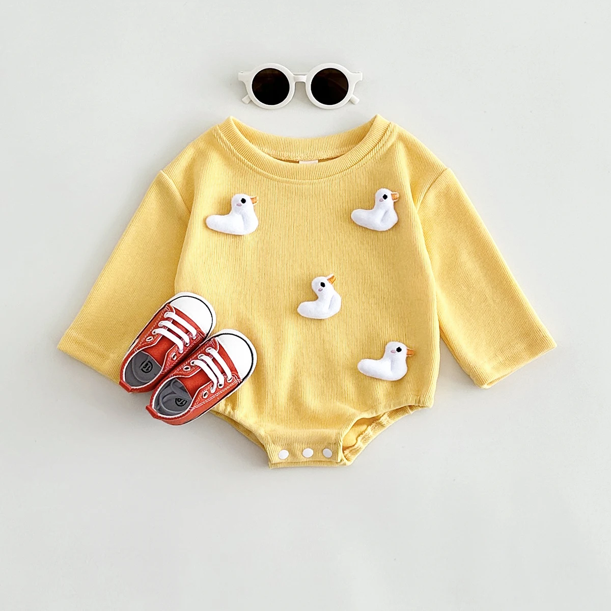 0-18M Infant Boys Baby Girls Sweatshirt Bodysuit Triangle Bubble Romper Cute Cartoon Duck/Mushroom Fall Warm Newborn Clothes