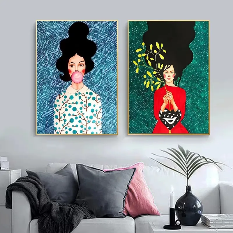Vintage Abstract Girl Hair Flower Women Wall Art Poster Fashion Nordic Canvas Painting Wall Art Pictures for Home Decoration