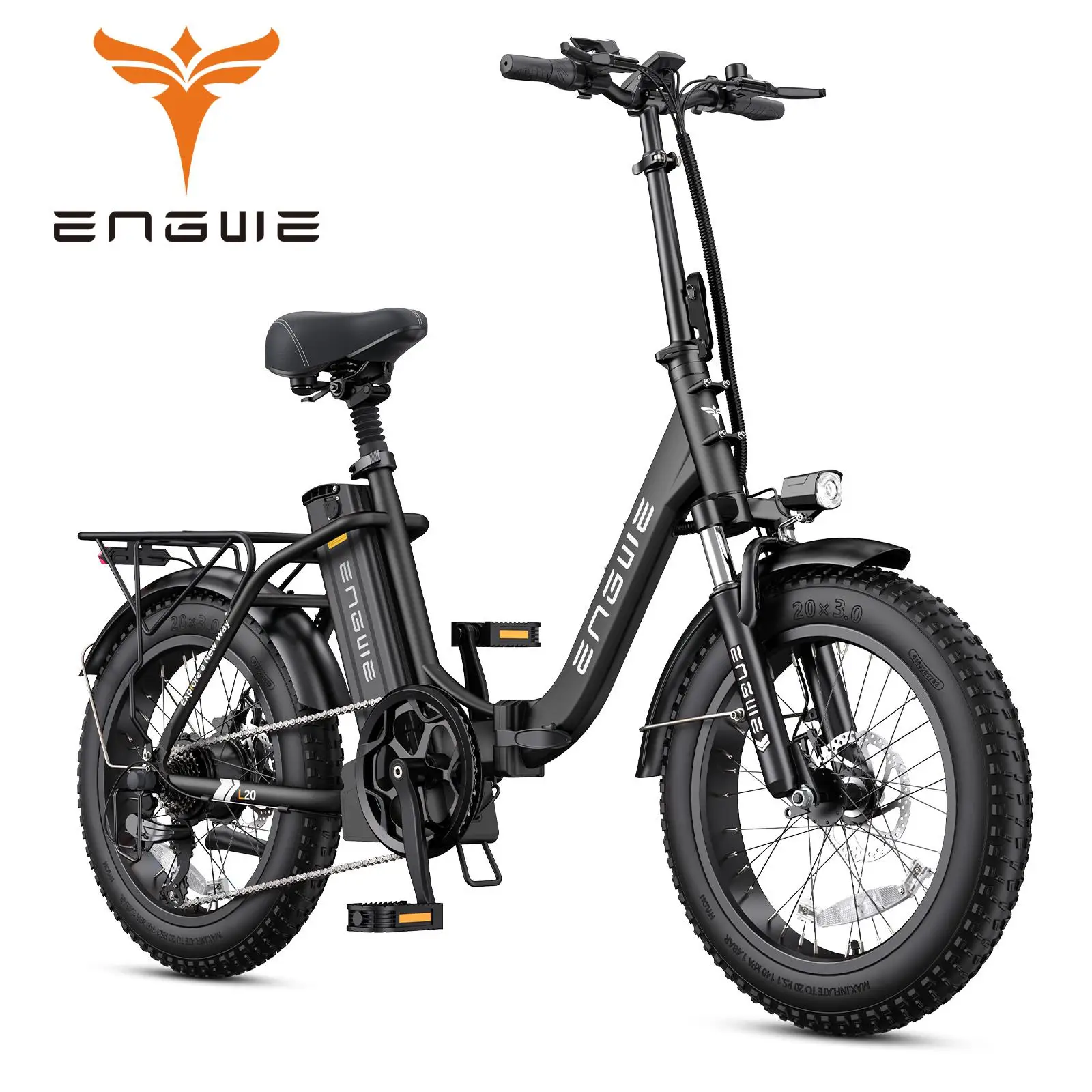 ENGWE L20 2.0 折りたたみ式電動自転車、750W出力、速度32km/h、20インチ×3.0インチファットタイヤ、52V 13Ahバッテリー、7速電動自転車、ブラック
