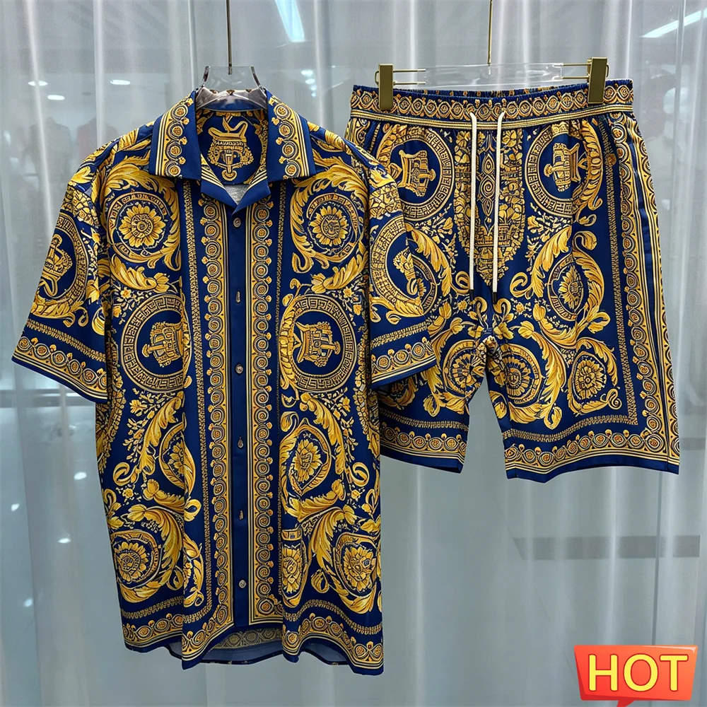 Summer Men Shirt Set Striped Crown Pattern Luxury two-piece shirt set colorful home high-end button up shirts pants Men clothing
