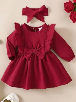 Baby Girl Autumn Dress Ruffled Edges and Bow, Long-Sleeved Dress+Headband for 0-18 Months…