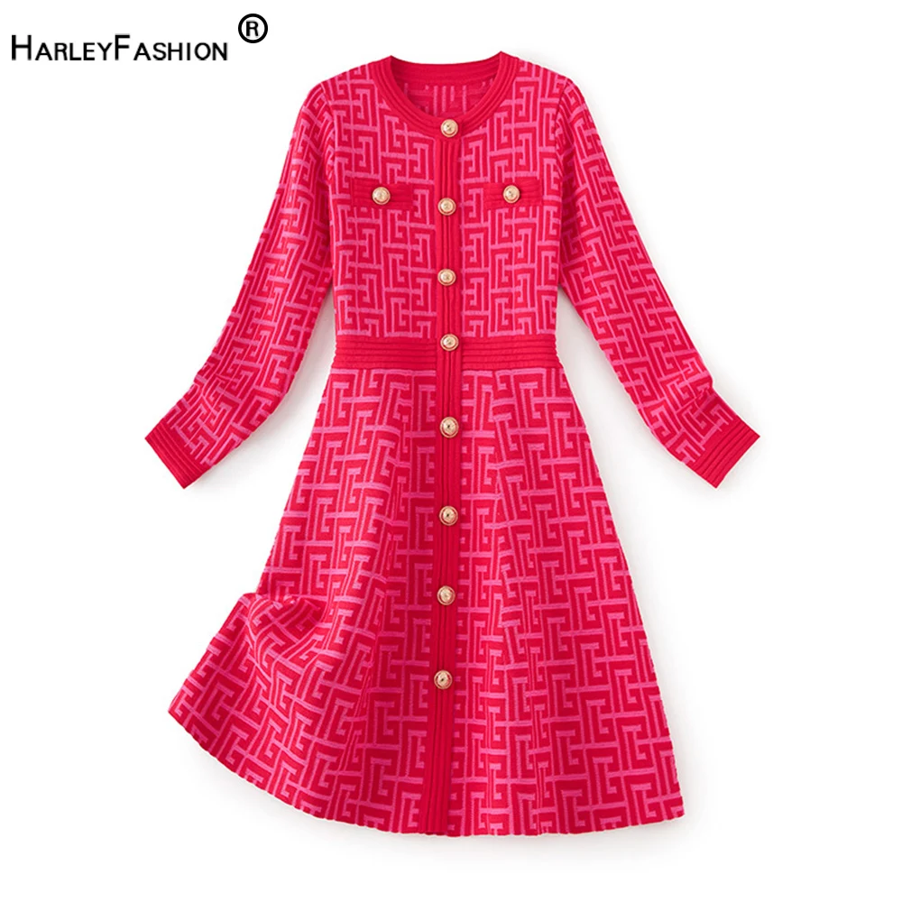 Popular Style Dragonfruit Color Geometric Pattern V-neck A-line Lady High Street Knitted Quality Women Dress