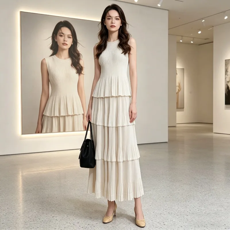 

Miyake Pleated 2026 Original Summer New Pleated Vest Top Cake Skirt Pleated Casual Set Sleeveless Waist-Cinching Long Skirt