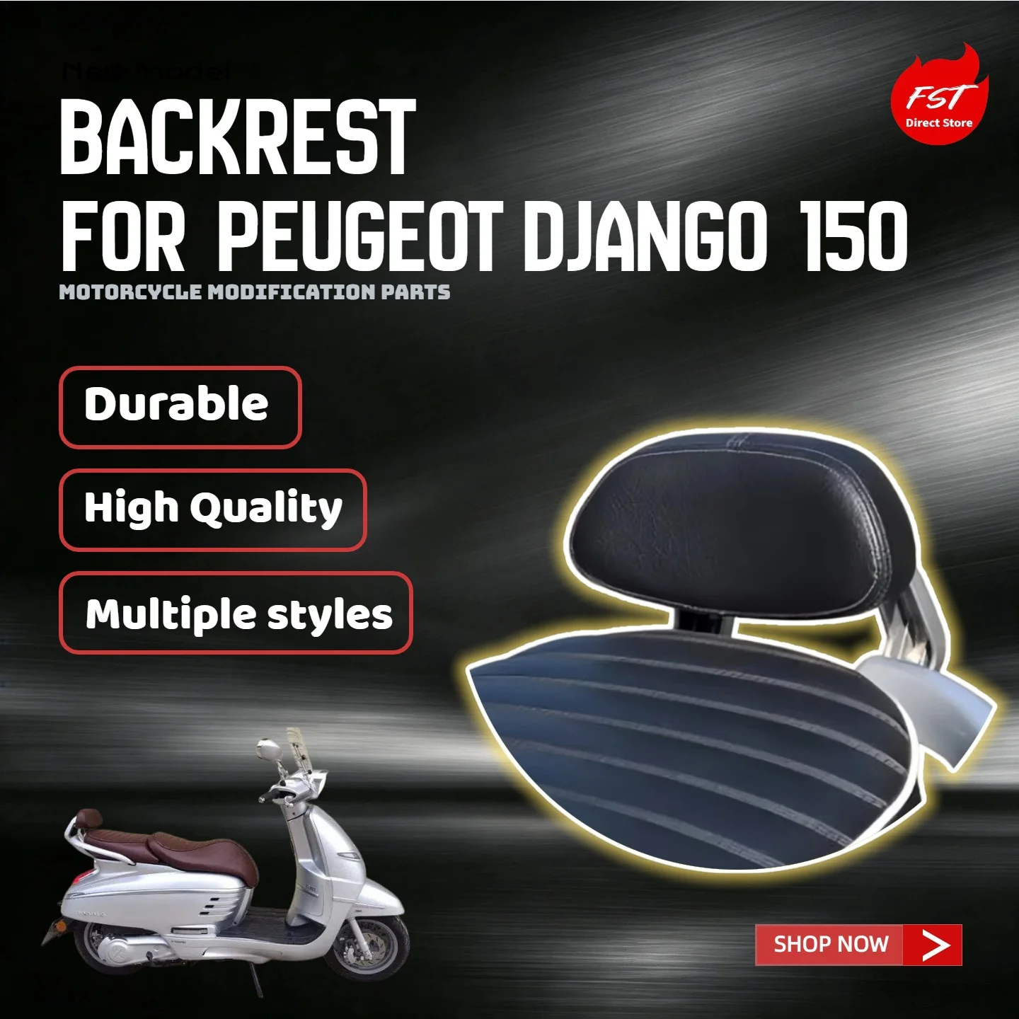 For Peugeot Django 150 matched-color leather backrest with rear rack and grab handle